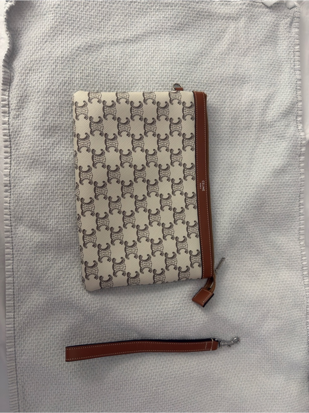 Celine Cream Monogram Canvas Pouch with Brown Leather Trim